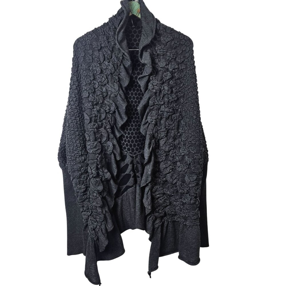 Alberto Makali Textured Rosette Asymmetrical Dark Gray Open Front Wool Cardigan